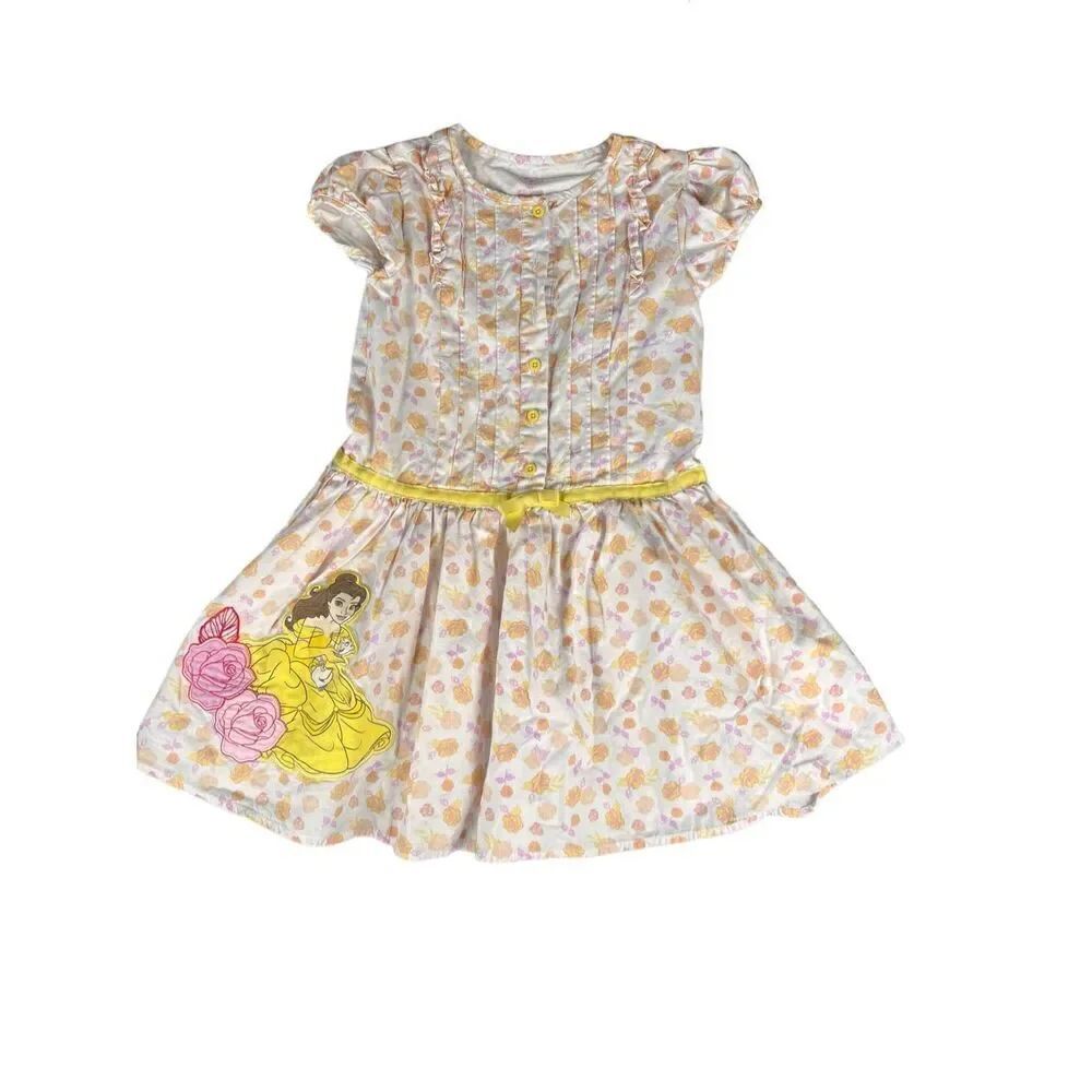 Disney Beauty & The Beast Princess Belle Yellow Girls Floral Dress 5/6 lined